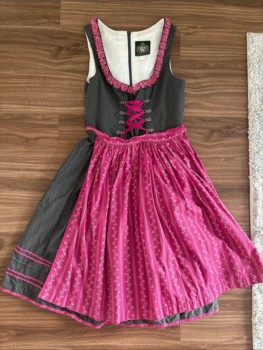 Polka dot Traditional women’s' Dirndl Dress with Pink Apron